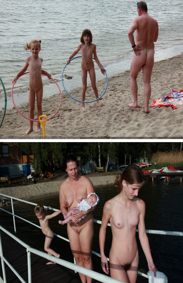 Mother and daughters nudists of a photo on the lake Mother and daughters nudists of a photo on the lake