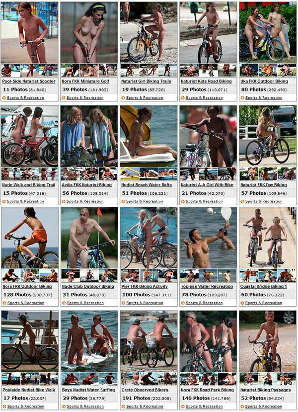 Girls and boys nudists ride on a beach bicycles Girls and boys nudists ride on a beach bicycles